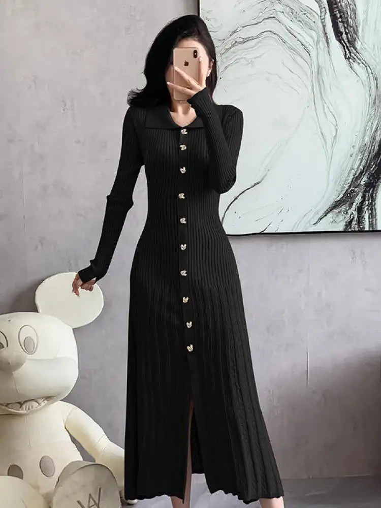 Autumn 2024 Women's Elegant Black & Beige Knit Long Dress - Single Breasted Office Wear with Long Sleeves & Pleated Design | Perfect for Business Meetings, Work Attire & Formal Occasions
