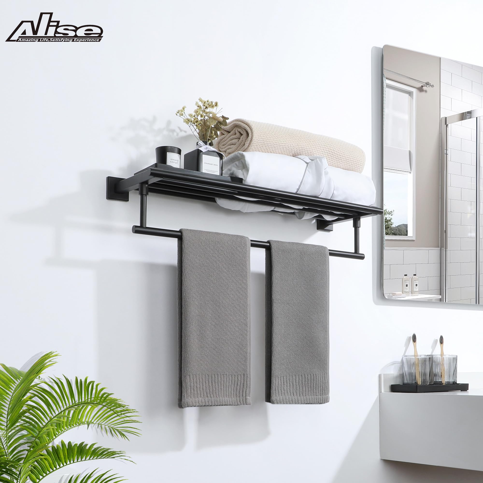 24 Inch Stainless Steel Towel Rack for Bathroom - Wall Mounted Heavy Duty Towel Holder with Shelf, SUS 304 Matte Black - Perfect for Spa, Hotel & Home Bathroom Organization