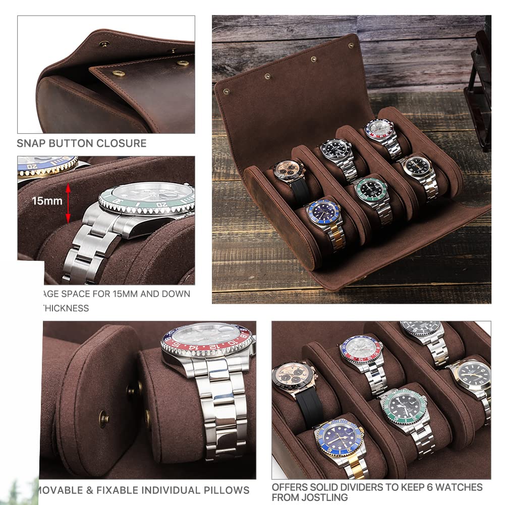 Hiram Genuine Leather 6-Watch Travel Case - Premium Watch Roll Organizer for Business Watches & Bracelets (Coffee Brown) - Perfect for Travel, Storage & Luxury Watch Protection