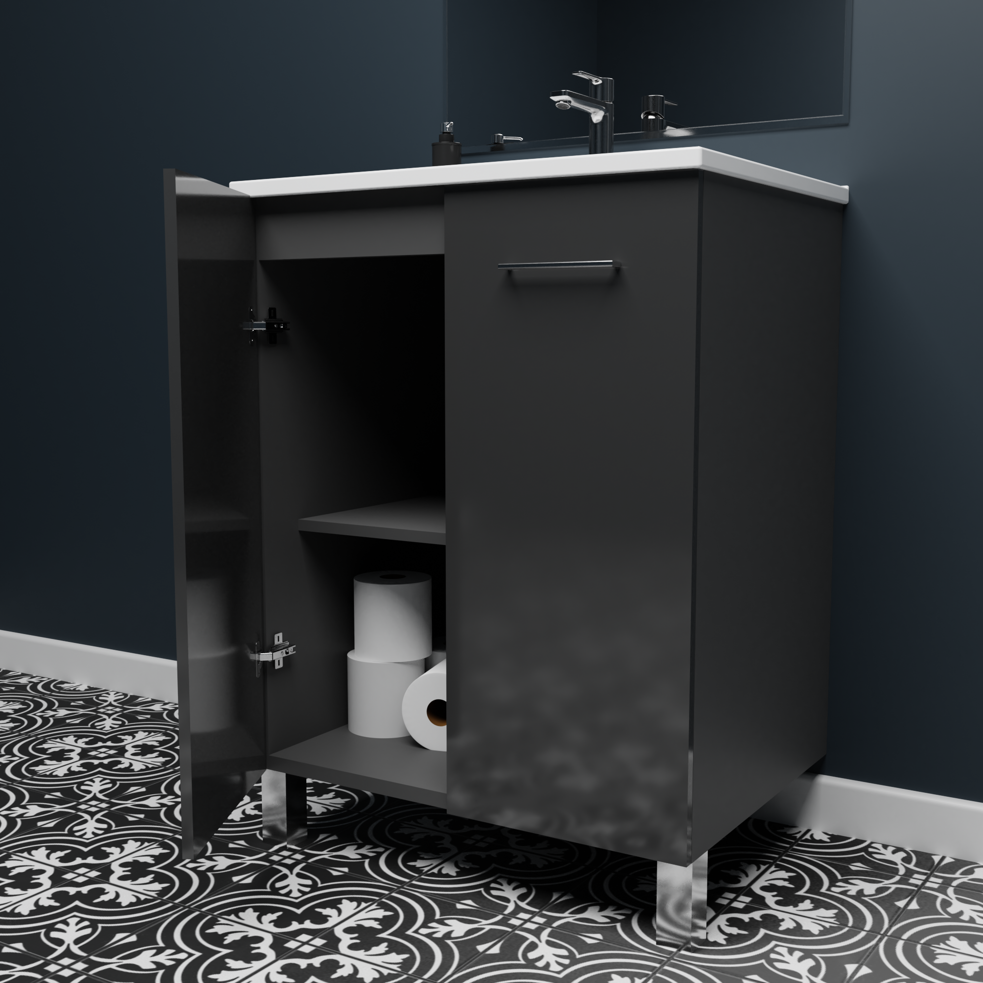 24 x 18 Inch Floor Mount Bathroom Vanity with 2 Doors - High Gloss Anthracite Finish for Modern Home Decor | Perfect for Small Bathrooms & Powder Rooms