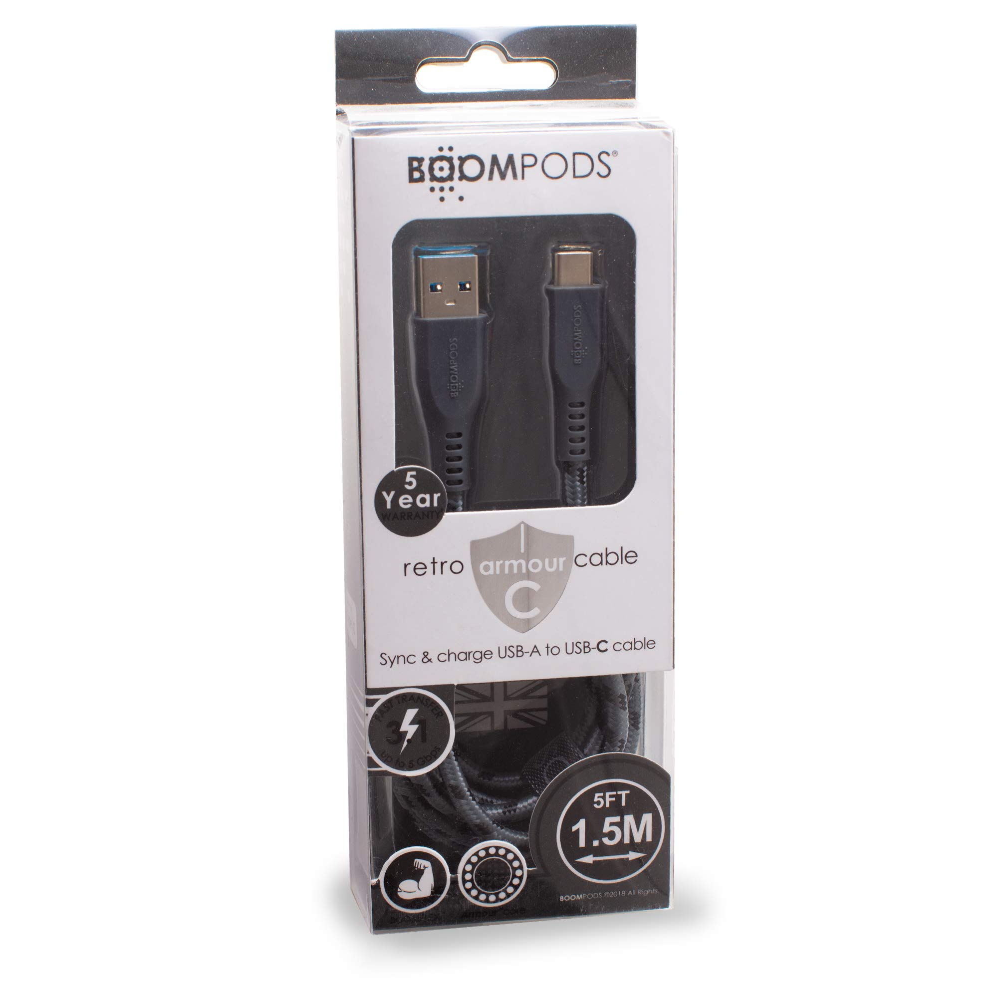 BoomPods Retro Armored USB-C to USB Braided Cable 1.5m (Graphite) - Durable Fast Charging Cord for Phones, Tablets & Gaming Devices