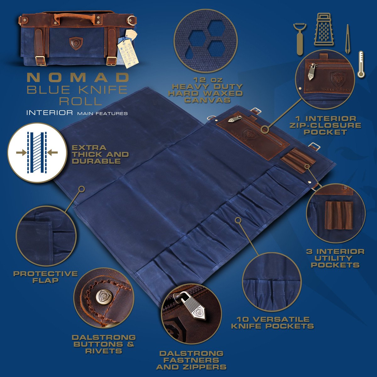 12oz Heavy Duty Canvas & Leather Knife Roll - Blue | Dalstrong Professional Chef Knife Storage | Perfect for Travel, Camping & Kitchen Organization