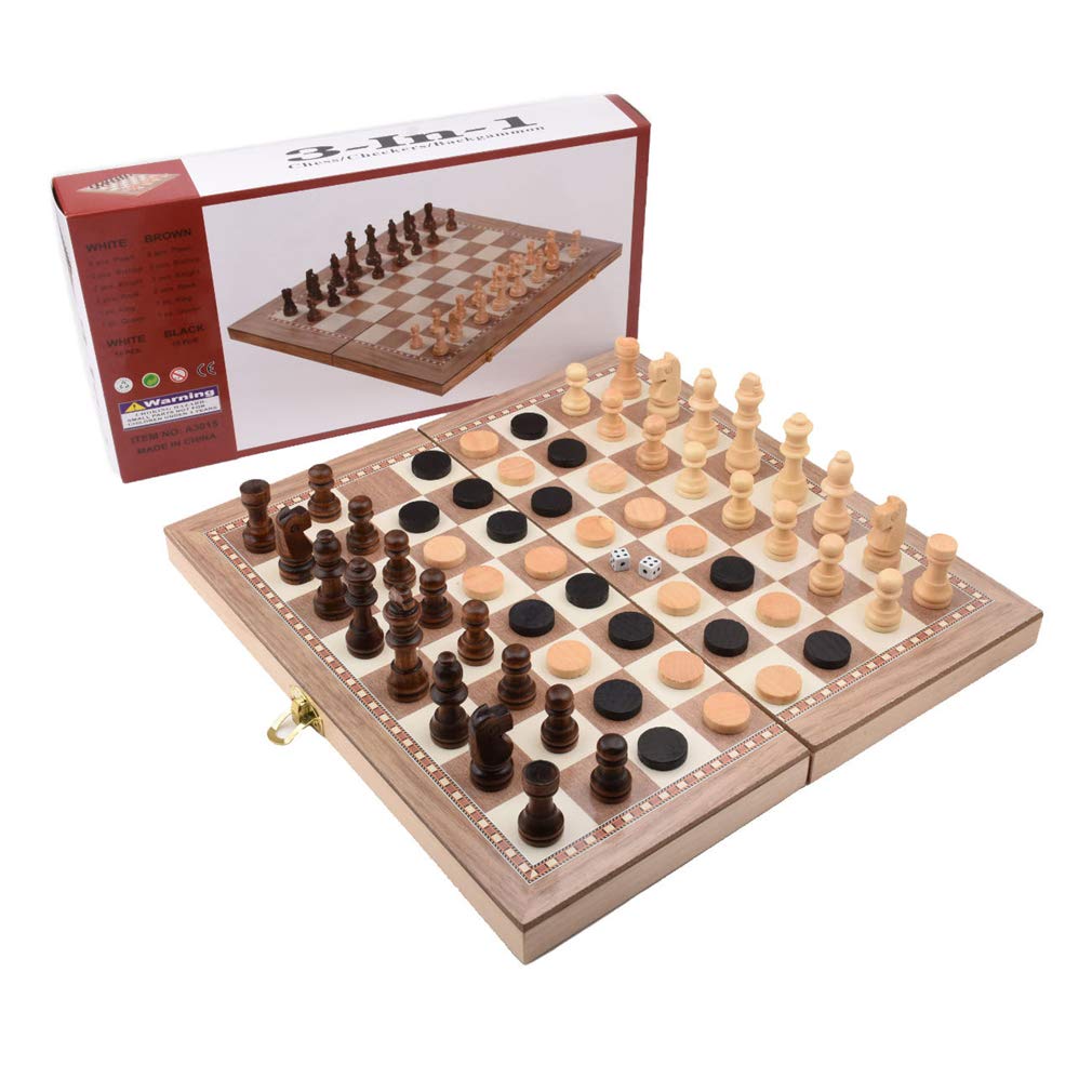 HIJIN Portable Wooden Chess Set - Foldable 3-in-1 International Board Game for Kids & Adults | Travel, Camping, Family Game Night & Educational Toy Gift