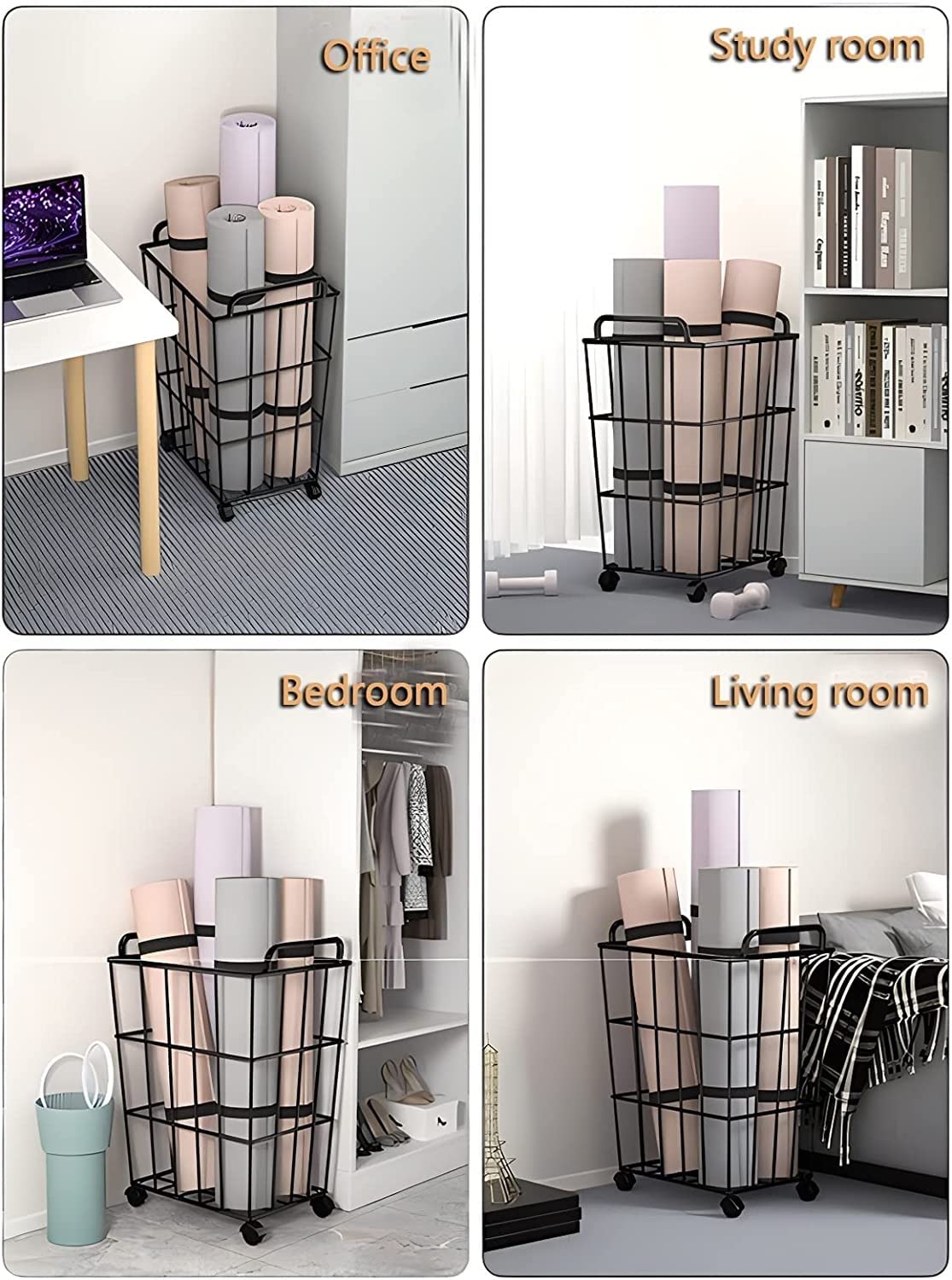 Metal Yoga Mat Organizer Basket with Wheels & Handle - Floor Standing Yoga Mat Holder Storage Cart for Home Gym, Fitness Room & Yoga Studio - Portable Mobile Yoga Equipment Organizer for Easy Mat Storage & Transport