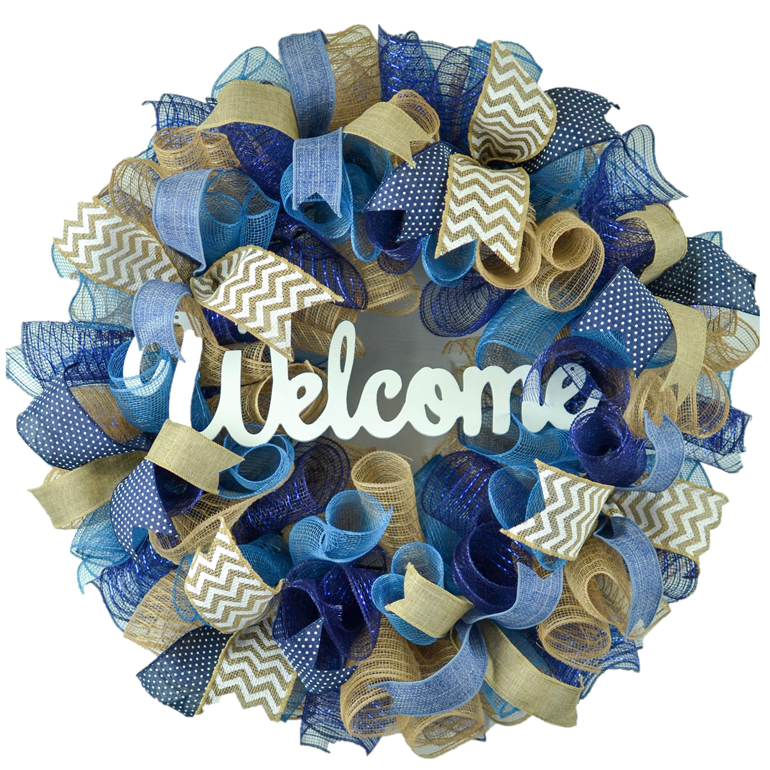 Navy Blue Burlap Wreath for Front Door - Handmade Everyday Decorative Wreath in Denim, Navy & Jute - Perfect for Home, Porch, and Seasonal Decor (M5)