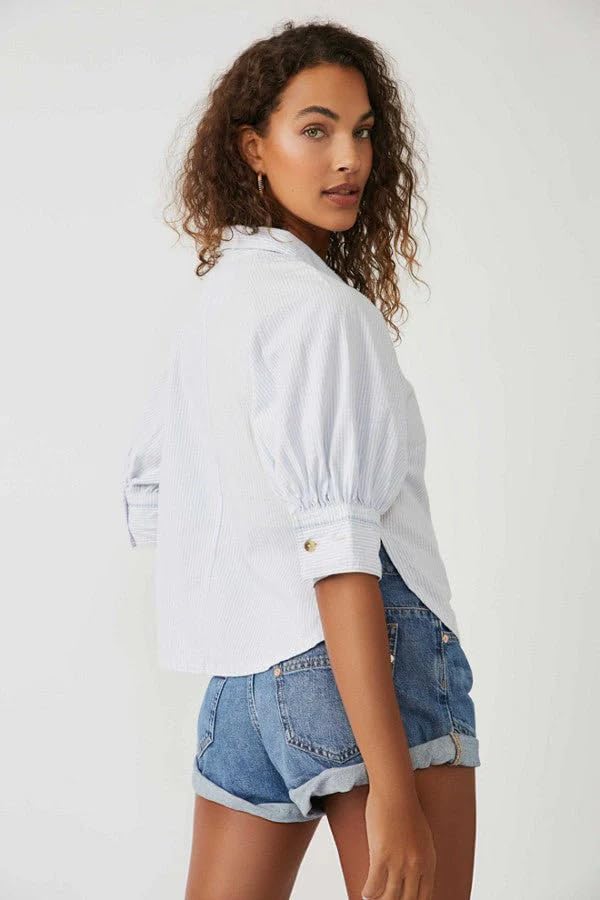 Free People Women's Ellie Stripe Top - Blue Combo Striped Casual Blouse for Summer, Beach & Boho Style Outfits