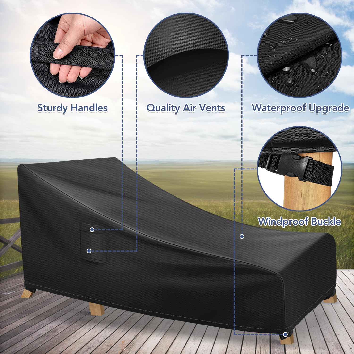 Waterproof Outdoor Chaise Lounge Cover - Heavy Duty Patio Furniture Protector for Poolside, Garden & Deck - Fits 78x34x32 Inch Sunbed (1 Pack, Black) - UV Resistant & Weatherproof Chair Cover for All Seasons