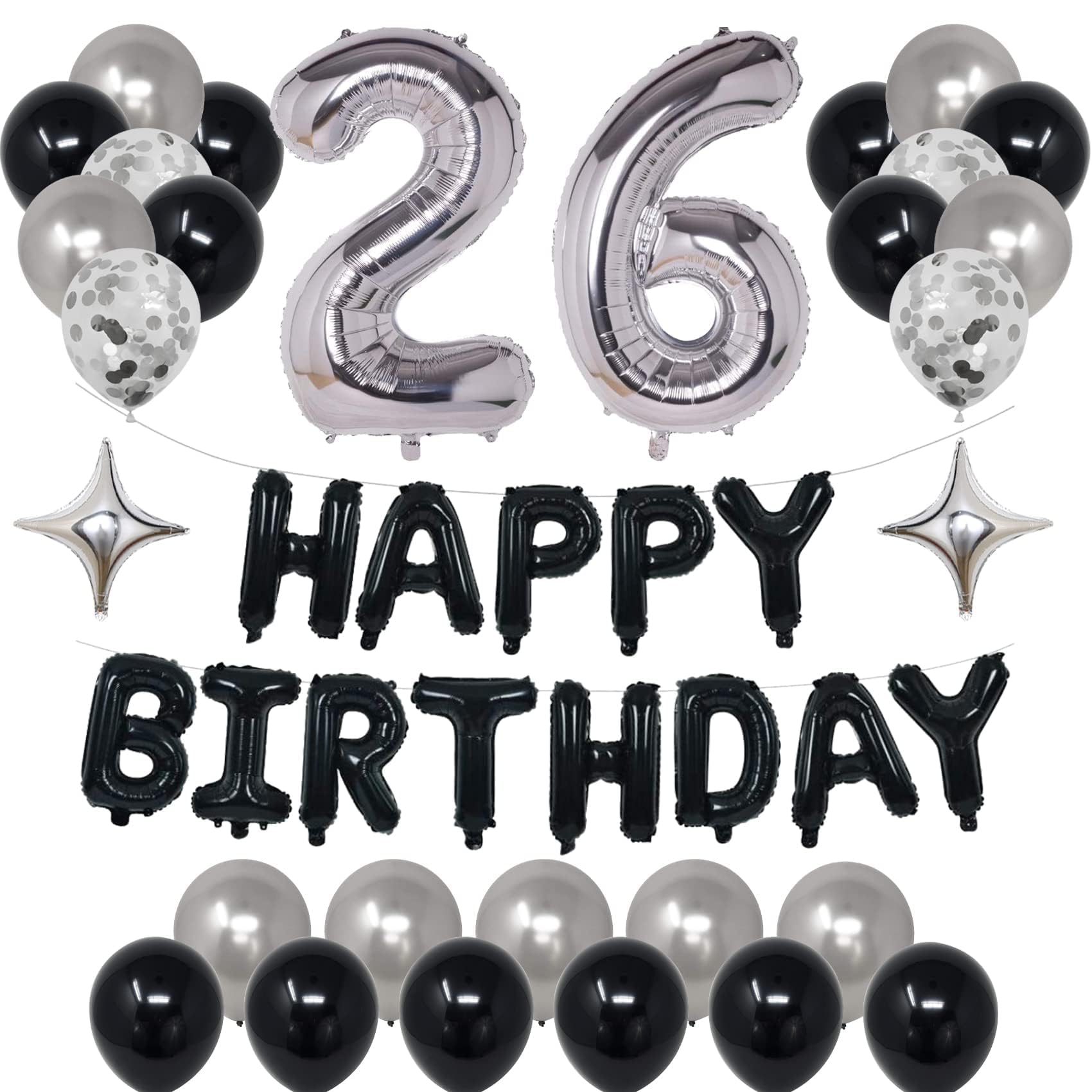 26th Birthday Party Decorations for Men & Women - Black & Silver Theme with Happy Birthday Banner, Foil Stars & Balloons | Perfect for 26th Birthday Celebrations, Milestone Parties & Adult Birthday Decor