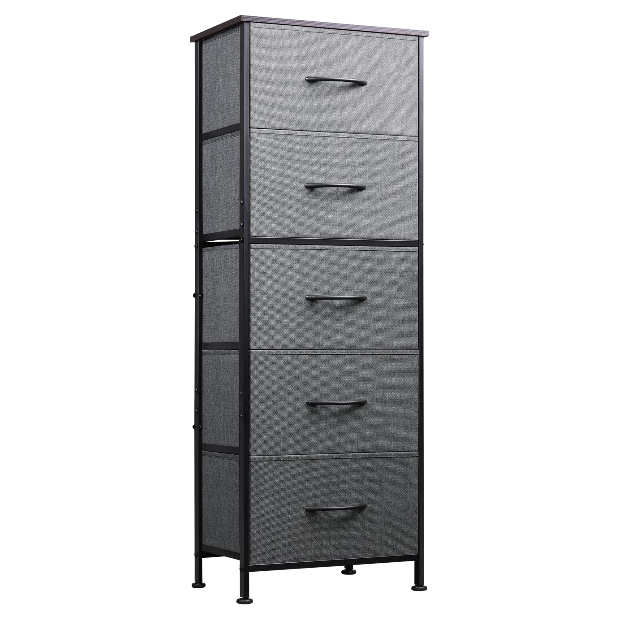 WLIVE 5-Drawer Fabric Dresser with Wood Top & Steel Frame - Tall Bedroom Storage Organizer with Fabric Bins for Clothes, Blankets & Toys - Perfect for Bedroom, Closet or Hallway Organization - Dark Grey