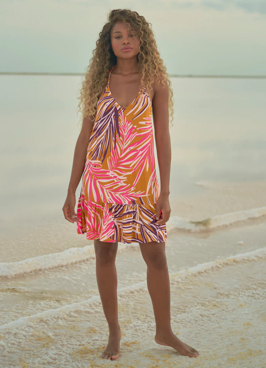 Maaji Caramel Foliage Linn Dress Cover Up - Yellow Flowy Beach Dress for Women | Perfect for Poolside, Vacation & Summer Outfits