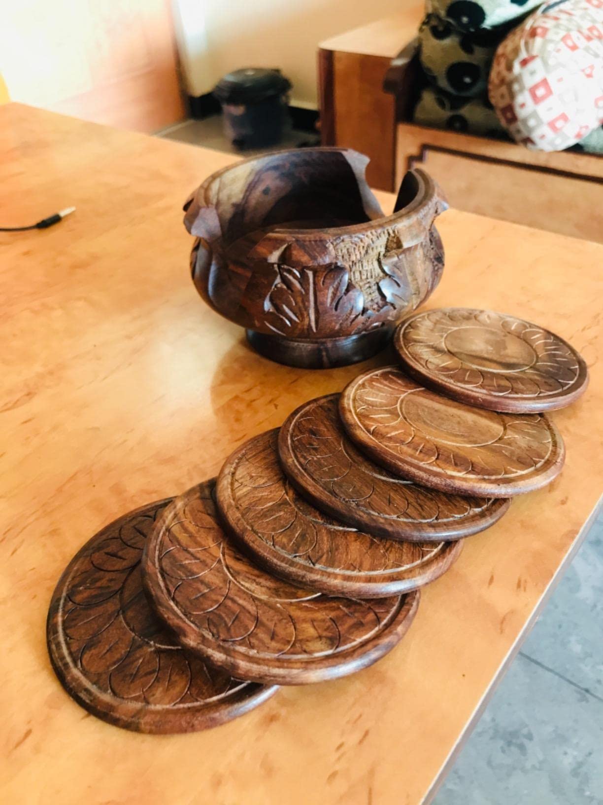 Handmade Wooden Coaster Set of 6 with Decorative Holder - Natural Carved Tabletop Drink Coasters for Coffee, Tea, Beer & Mugs - Perfect for Home Bar, Office Desk & Indian Style Decor