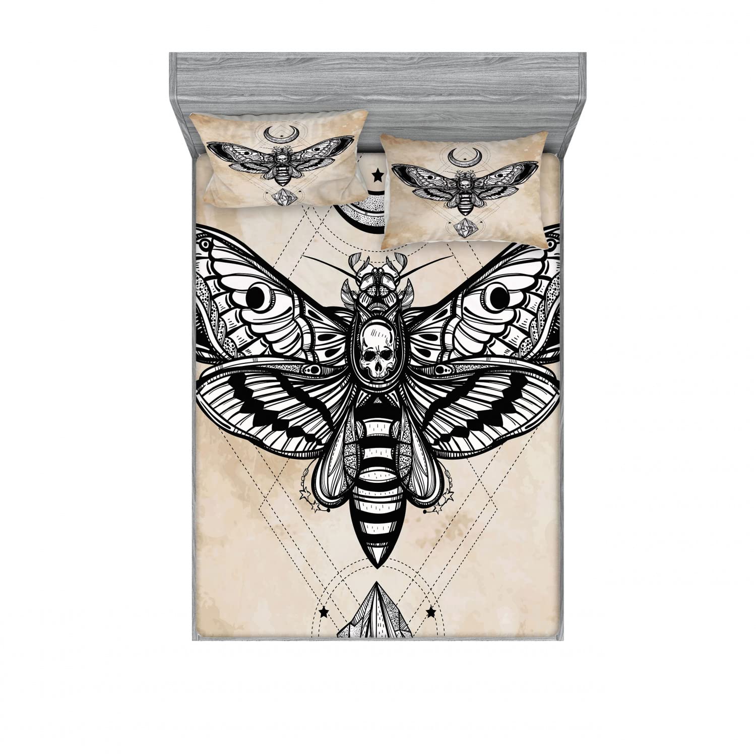 Ambesonne 2-Piece Fantasy Bedding Set - Hawk Moth Skull Magic Design, Full Size Fitted Sheet & 4 Pillow Shams, Black White Cream Gothic Decor for Bedroom, Perfect for Halloween & Dark Theme Room Decor