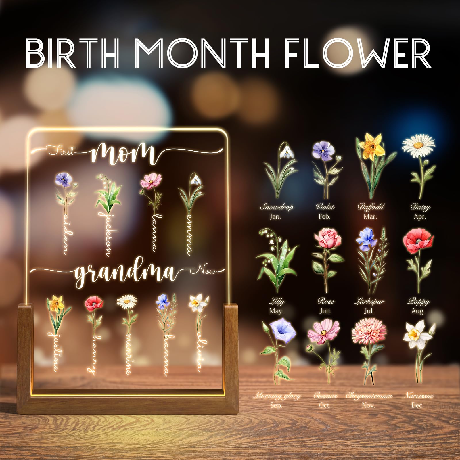 Personalized Mother's Day Gifts for Mom & Grandma - Custom Birth Month Flower with Names - Unique Gift Ideas from Kids & Grandkids for Birthday, Anniversary & Special Occasions