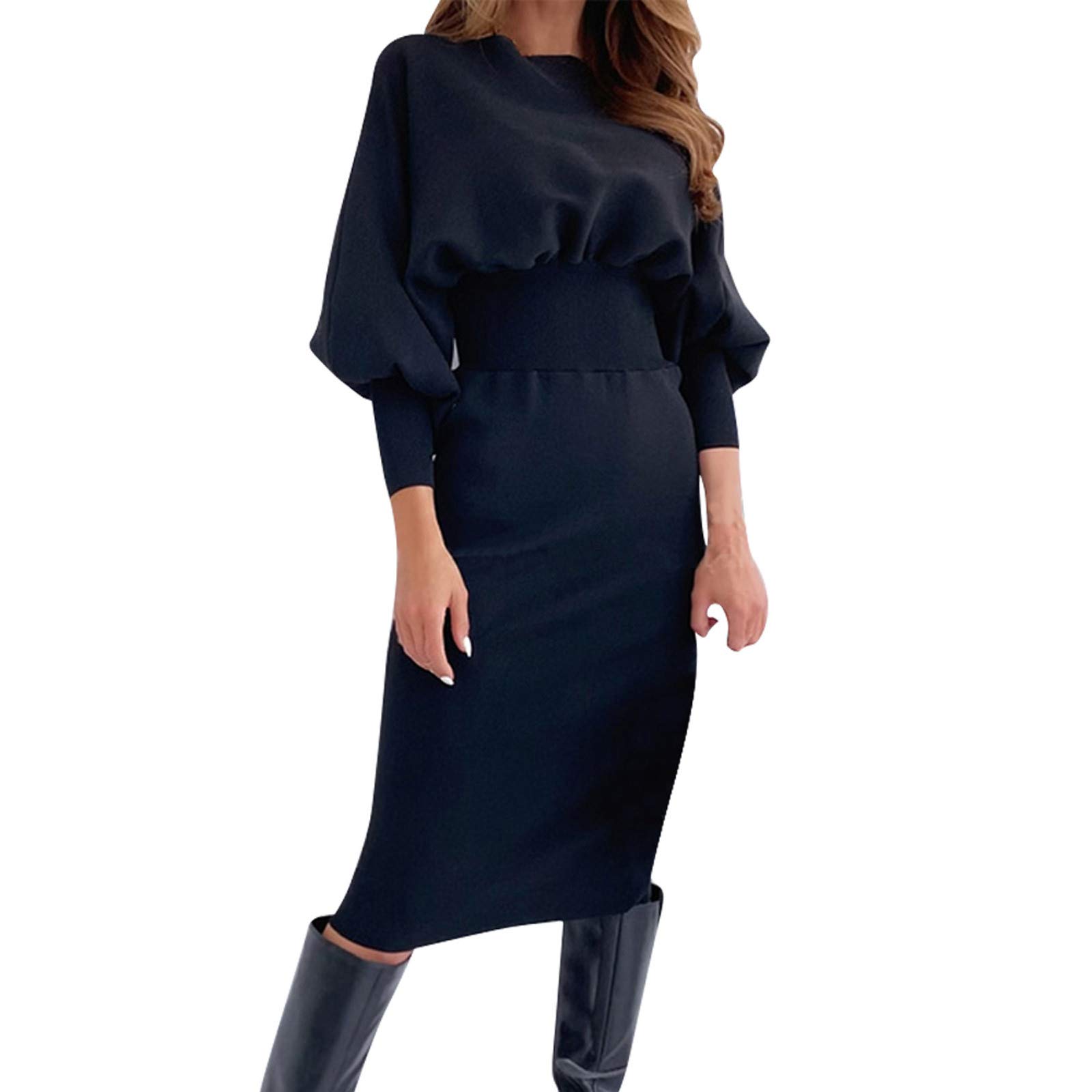 Black Cotton Maxi Dress for Women - Casual Midi Sweater Party Dress with Long Sleeves | Perfect for Date Night, Office Wear & Holiday Outfits
