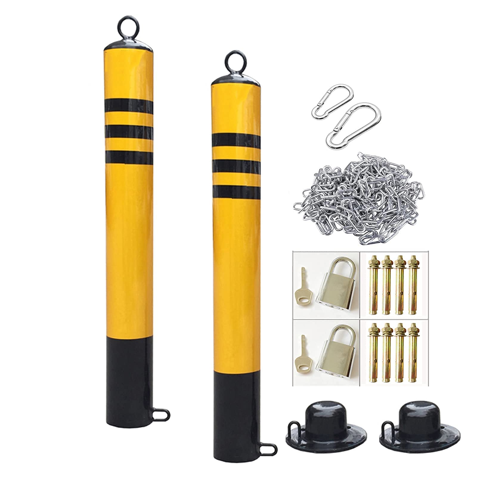 Lockable Parking Posts Set of 2 - 5m Iron Chain Parking Barrier Bollards with Reflective Tape - Heavy Duty & Easy Installation for Driveway, Garage, or Private Property Security