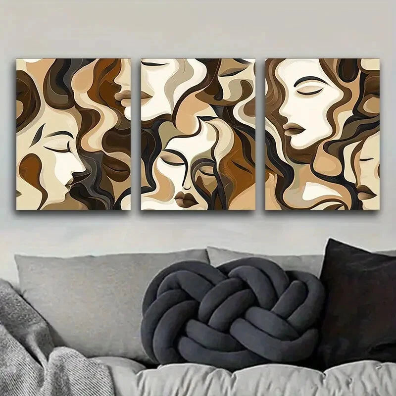 3-Piece Brown and Beige Faces Metal Print Wall Art - Ready to Hang, Modern Home Decor for Living Room, Bedroom & Office