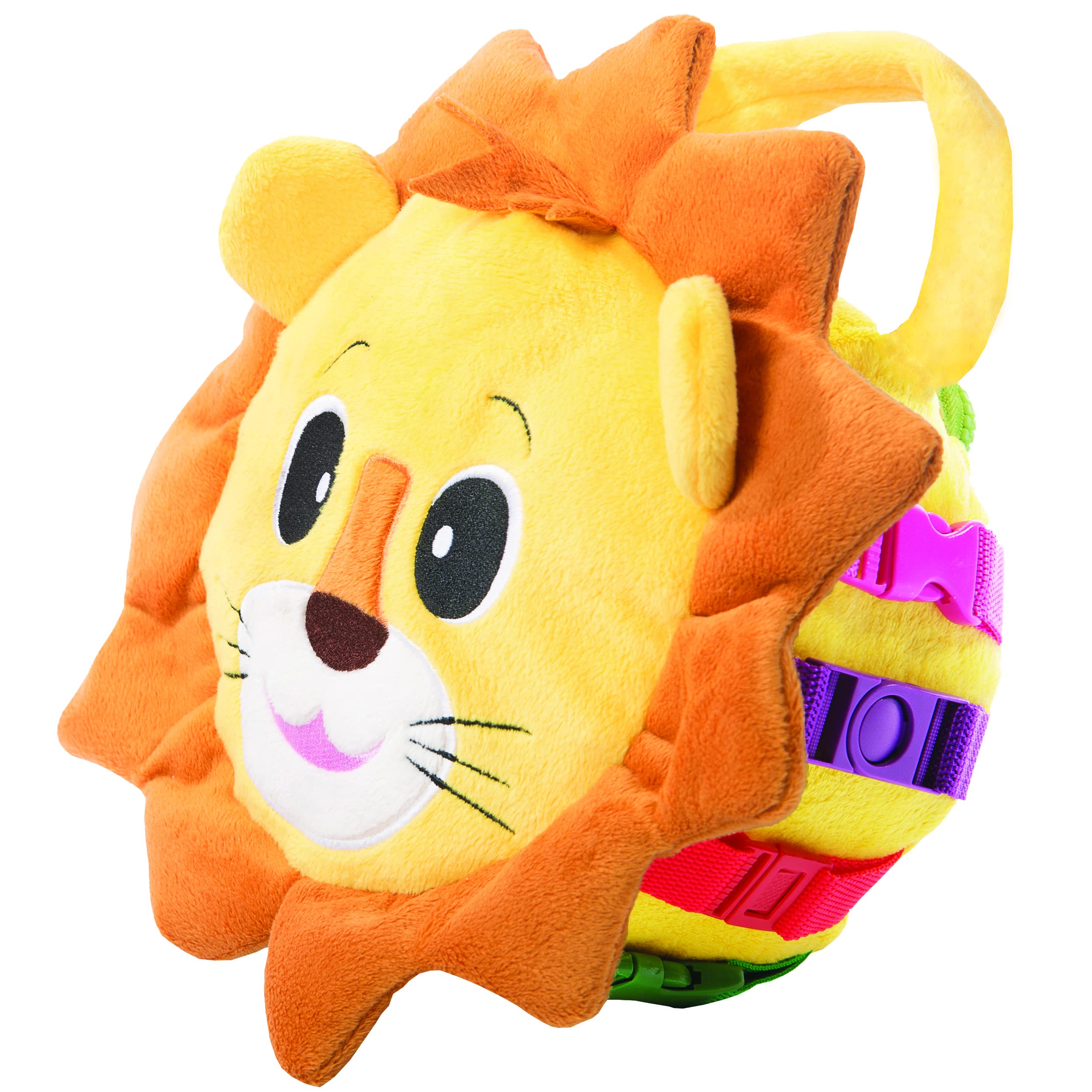 Buckle Toys Benny Lion Plush Stuffed Animal - Montessori Sensory Toy for Toddlers 1-3 Years - Develop Fine Motor Skills, Learn Shapes & Colors - Travel Essential with Storage Pocket - Perfect for Daycare, Car Rides & Learning Playtime