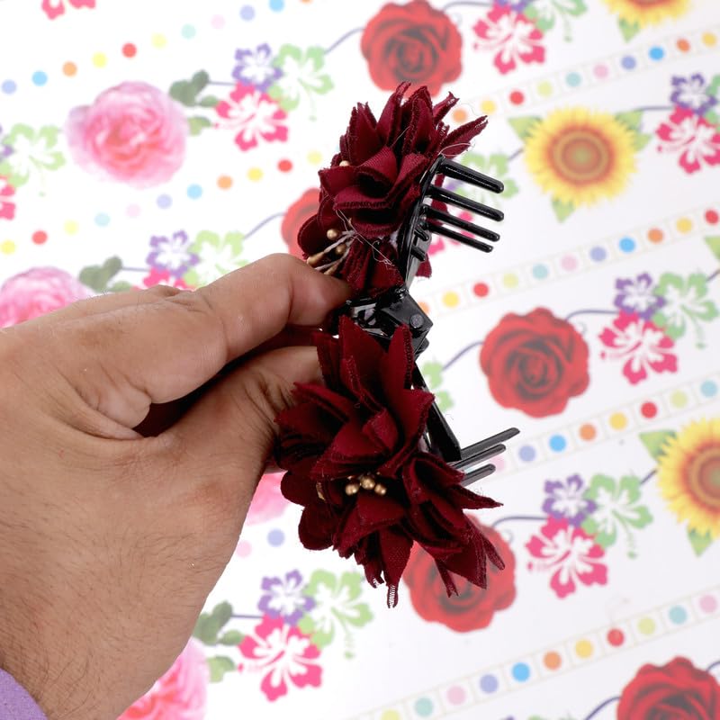 NAVMAV Hair Claw Clips for Women & Girls - Maroon Fabric Flower & Beads Hair Clutch - Stylish Hair Accessories for Ponytails, Buns & Updos (Pack of 1) - Perfect for Daily Wear, Parties & Special Occasions