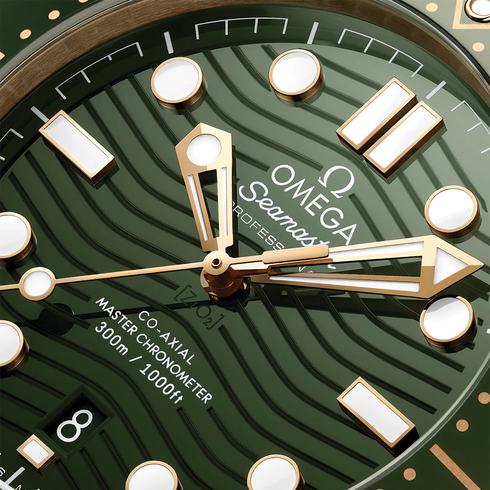 Omega Seamaster Diver 300M Co-Axial Master Chronometer 42mm Watch - Green Dial with Moonshine™ Gold Case & Rubber Strap | Luxury Dive Watch for Men, Water Resistant for Swimming & Professional Diving