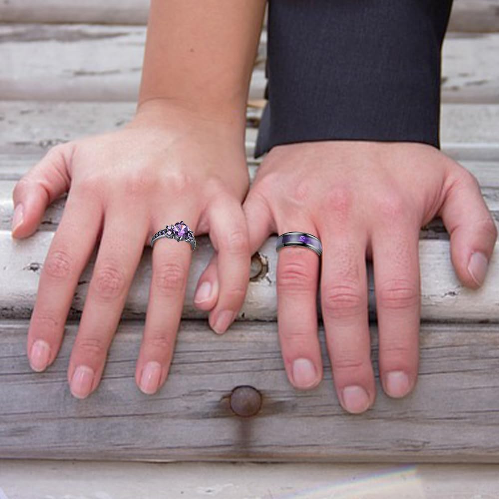 Custom Engraved Titanium Couple Rings Set - Purple & Black/Blue Matching Promise Rings for Him and Her - Wedding Bands & CZ Engagement Rings (Size 5-13) - Perfect for Anniversaries, Proposals & Romantic Gifts