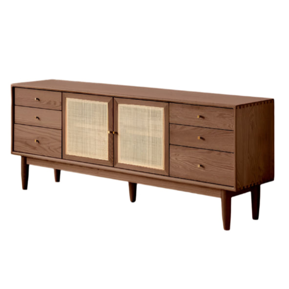 Modern Oak Solid Wood Rattan TV Stand with Storage - Entertainment Center for Living Room, Bedroom & Home Theater Setup