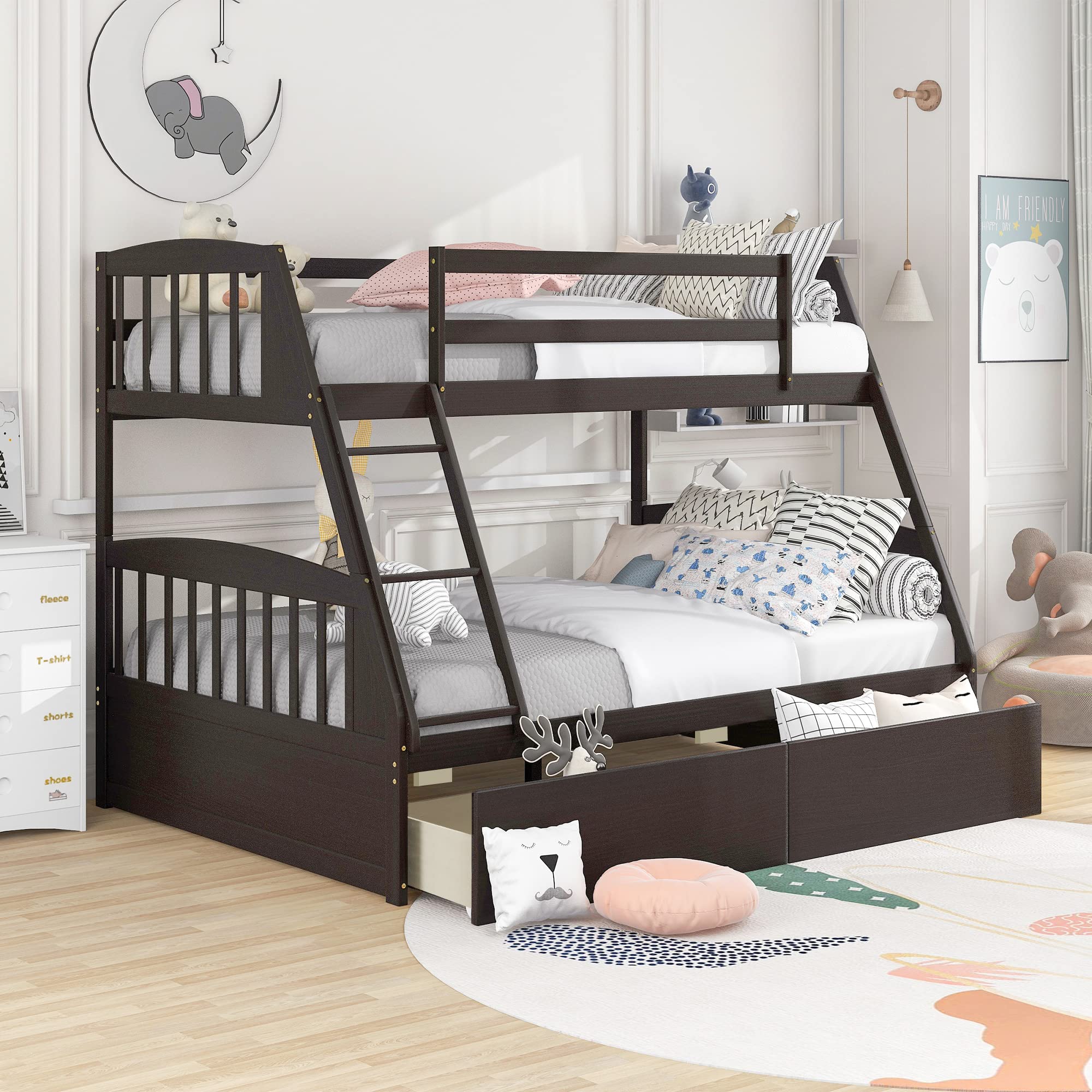 Solid Wood Bunk Bed Frame with Safety Guard Rails & Storage Drawers - No Box Spring Needed - Twin Over Full Size - Espresso Finish - Perfect for Kids' Bedrooms, Guest Rooms & Small Spaces