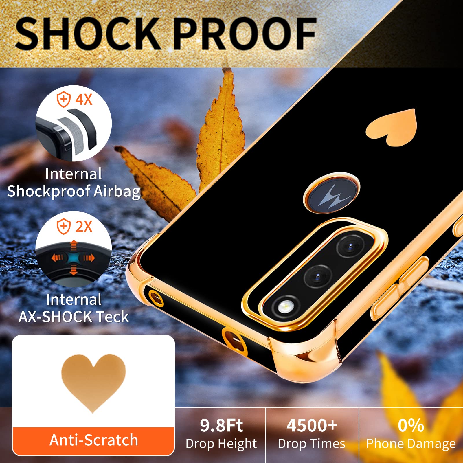 3-in-1 Luxury Heart Pattern Phone Case for Motorola Moto G Pure 2021 (6.5 Inch) - Cute Aesthetic Love Design with Screen Protector & Chain - Perfect Gift for Women & Girls (Black/Gold) | Everyday Protection & Stylish Accessory