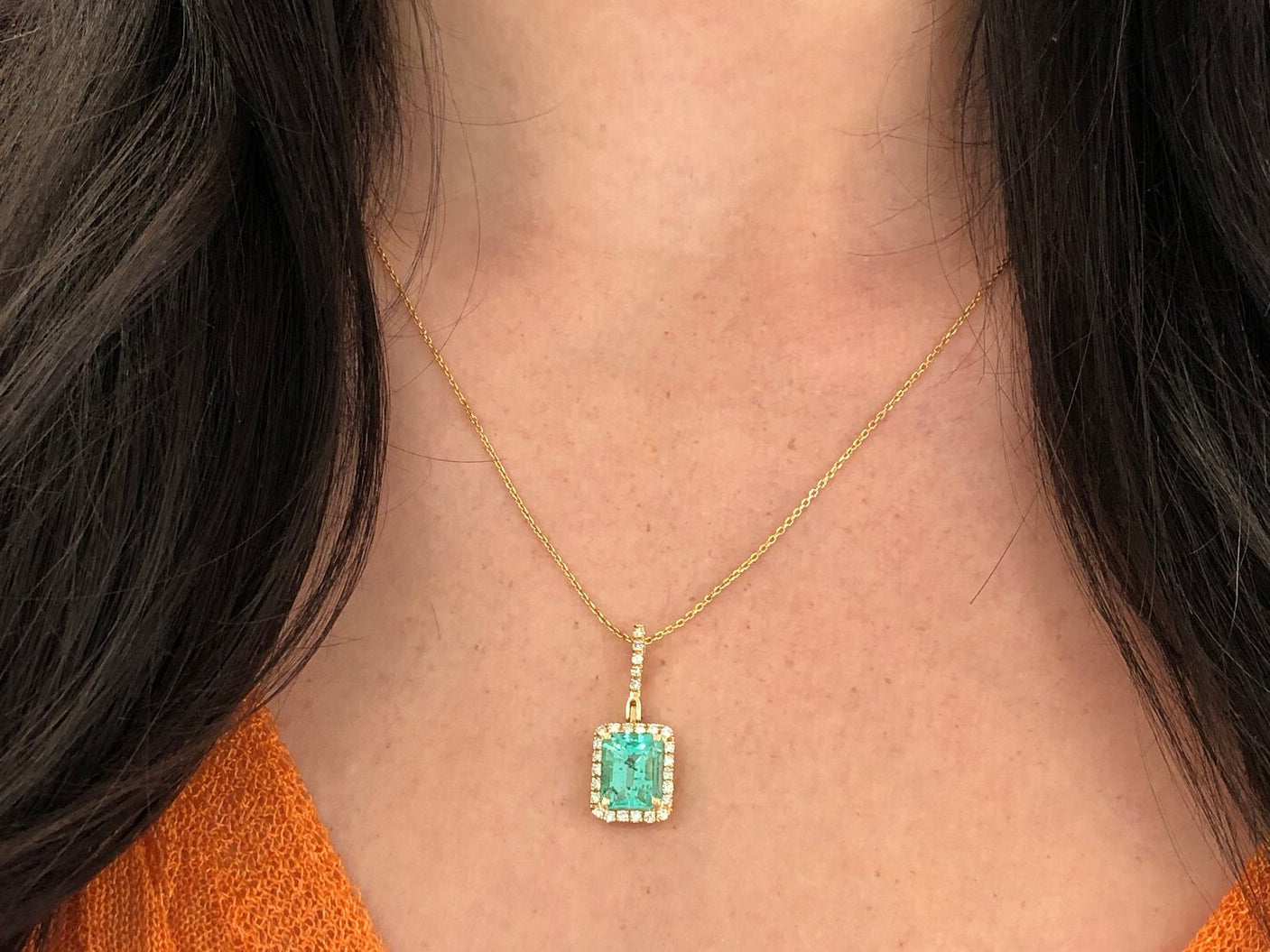4.18TCW Natural Colombian Emerald & Diamond Halo Pendant in 14K Gold - Elegant Jewelry Gift for Women, Perfect for Weddings, Anniversaries & Special Occasions