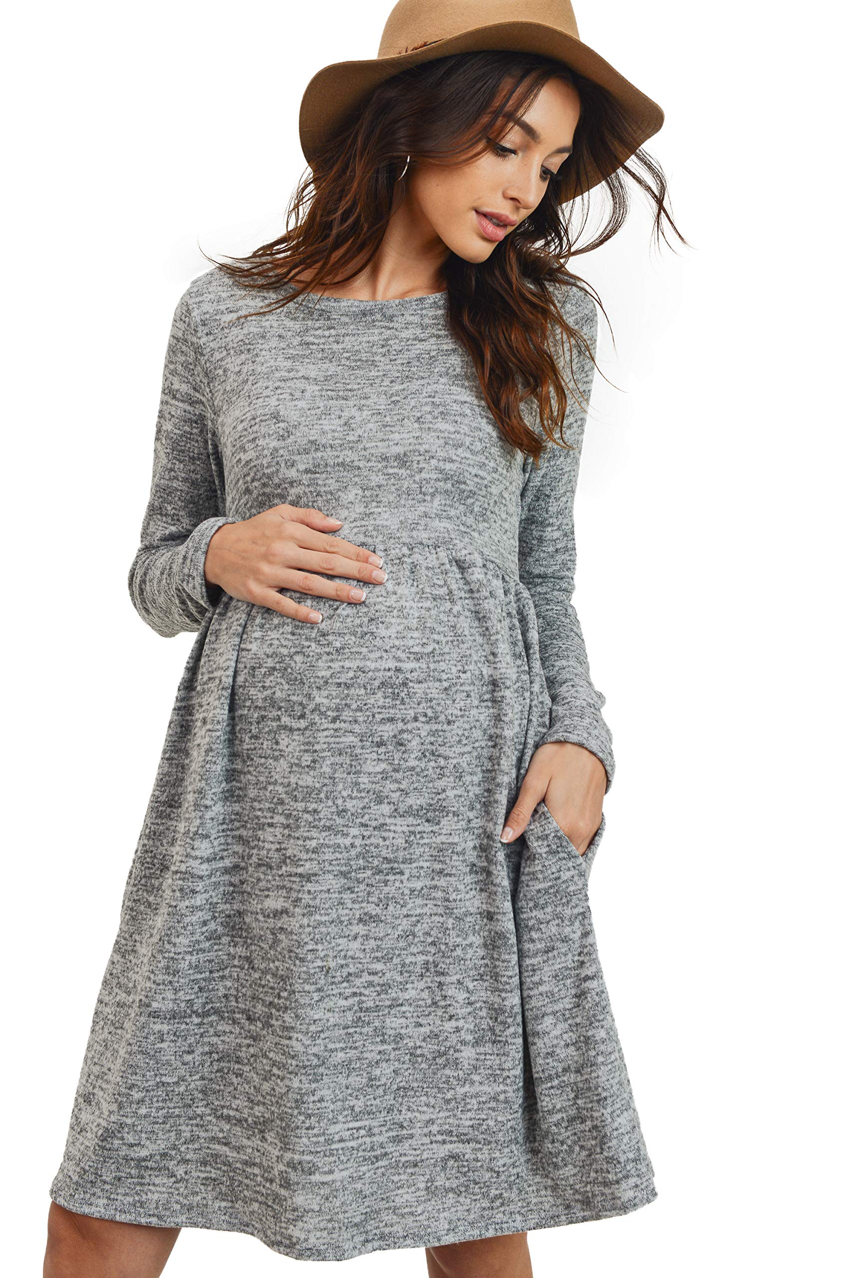 HELLO MIZ Women's Maternity Sweater Knit Dress with Pocket - Soft Stretchy Nursing Dress for Pregnancy & Breastfeeding - Perfect for Casual Wear, Office & Maternity Photos