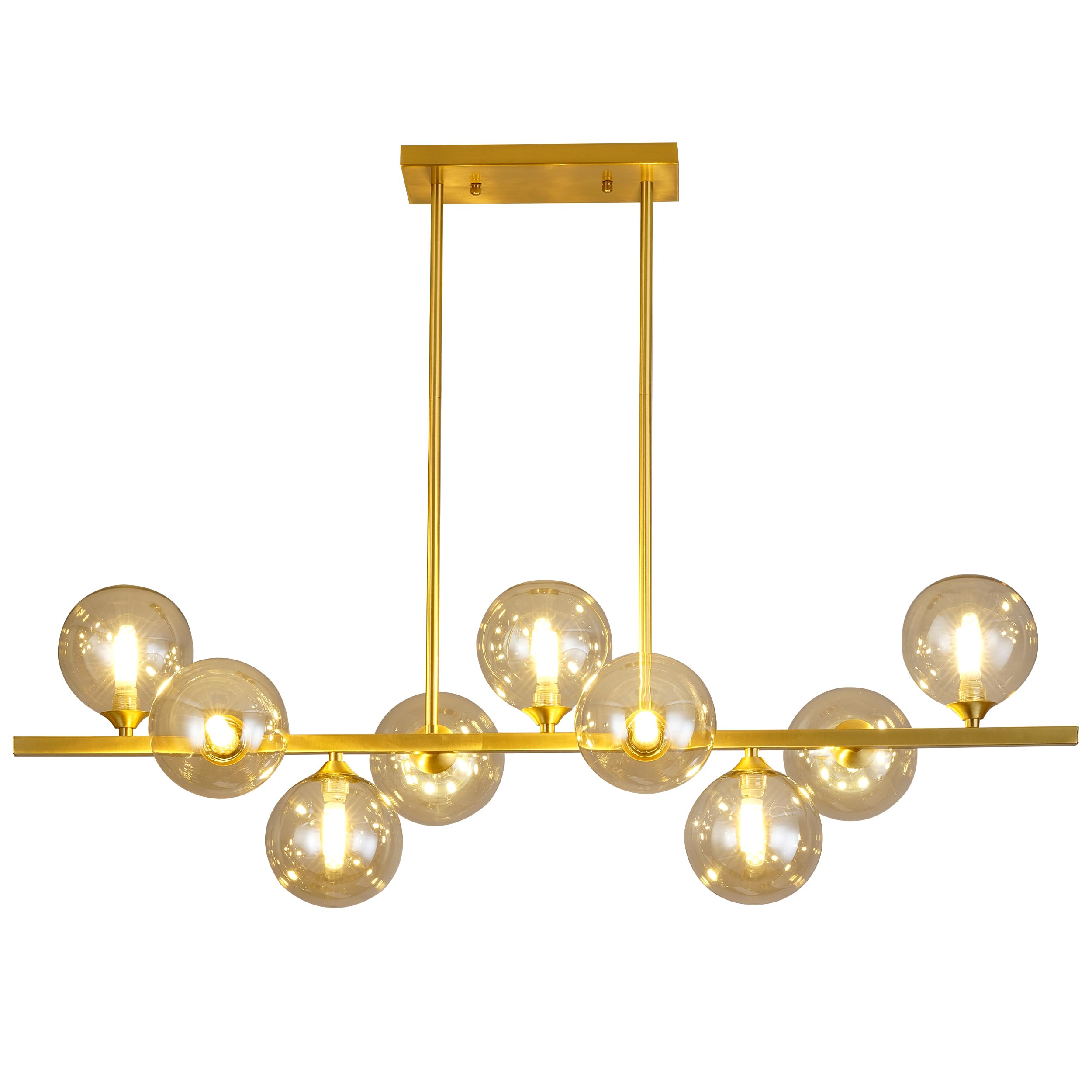 Mid Century Modern 9-Light Chandelier - Gold Brass Sputnik Pendant Light with Amber Glass Globes for Kitchen Island & Dining Room | Linear Lighting Fixture for Home Decor & Interior Design
