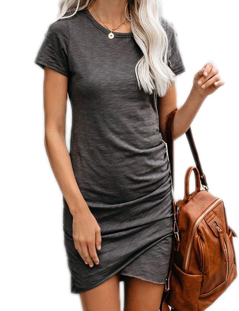 Women's Summer Casual Crew Neck Ruched Stretchy Mini Dress - Flattering Bodycon T-Shirt Dress with Tulip Hem | Perfect for Beach Vacations, Date Nights & Summer Parties