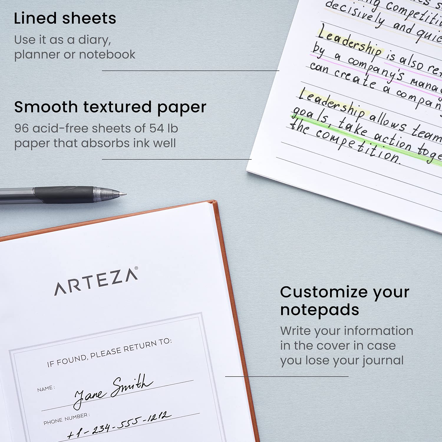 ARTEZA Hardcover Journal Notebooks, Pack of 2, 6x8 Inches, 96 Sheets, Lined Paper, Green and Saddle Brown - Perfect for Writing, Sketching & Note Taking in School, Office or Travel