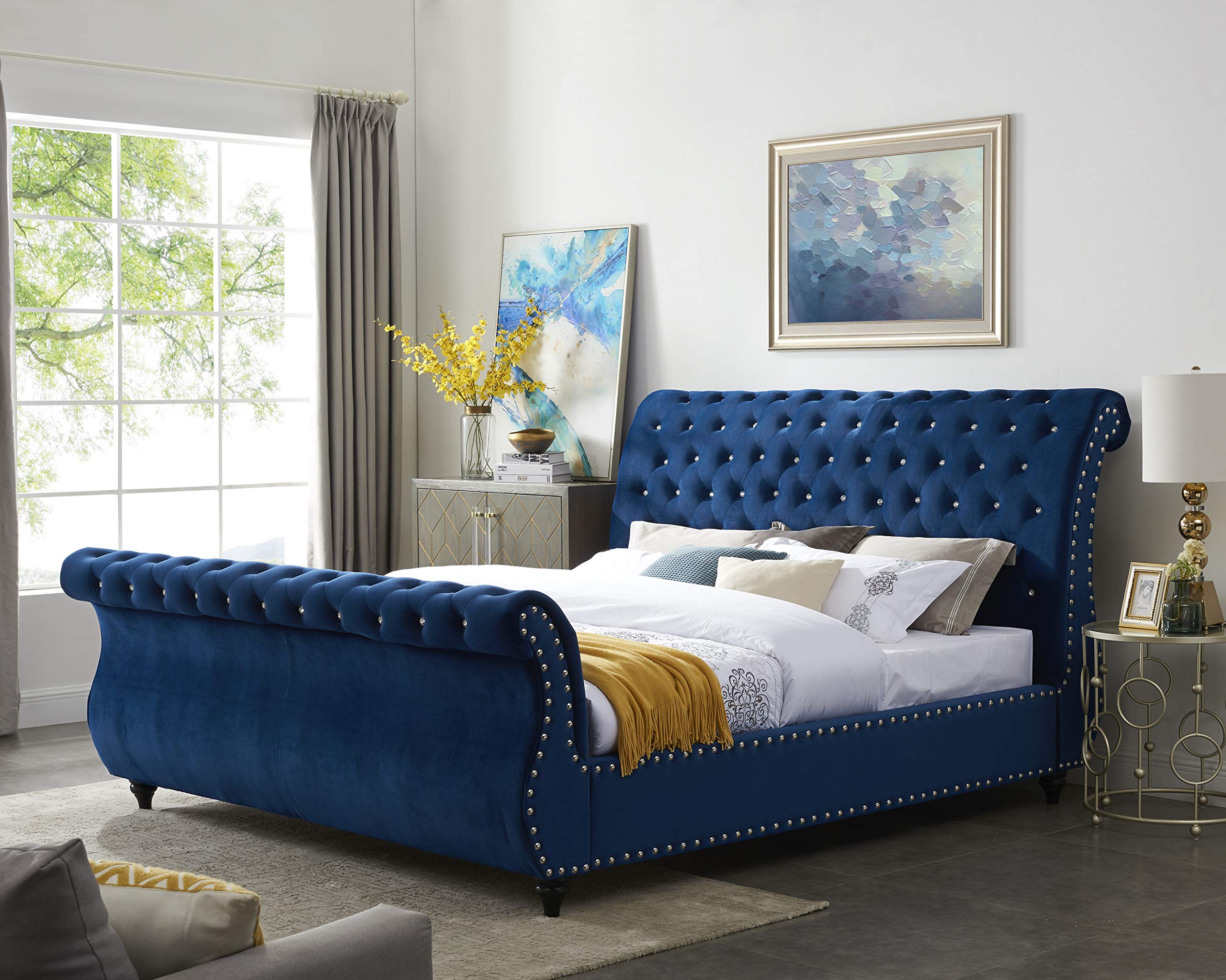 Roundhill Furniture Evora Velvet Upholstered Button Tufted Queen Size Bed - Luxurious Blue Velvet Upholstery for Elegant Bedroom Decor | Perfect for Master Bedrooms, Guest Rooms & Luxury Apartments