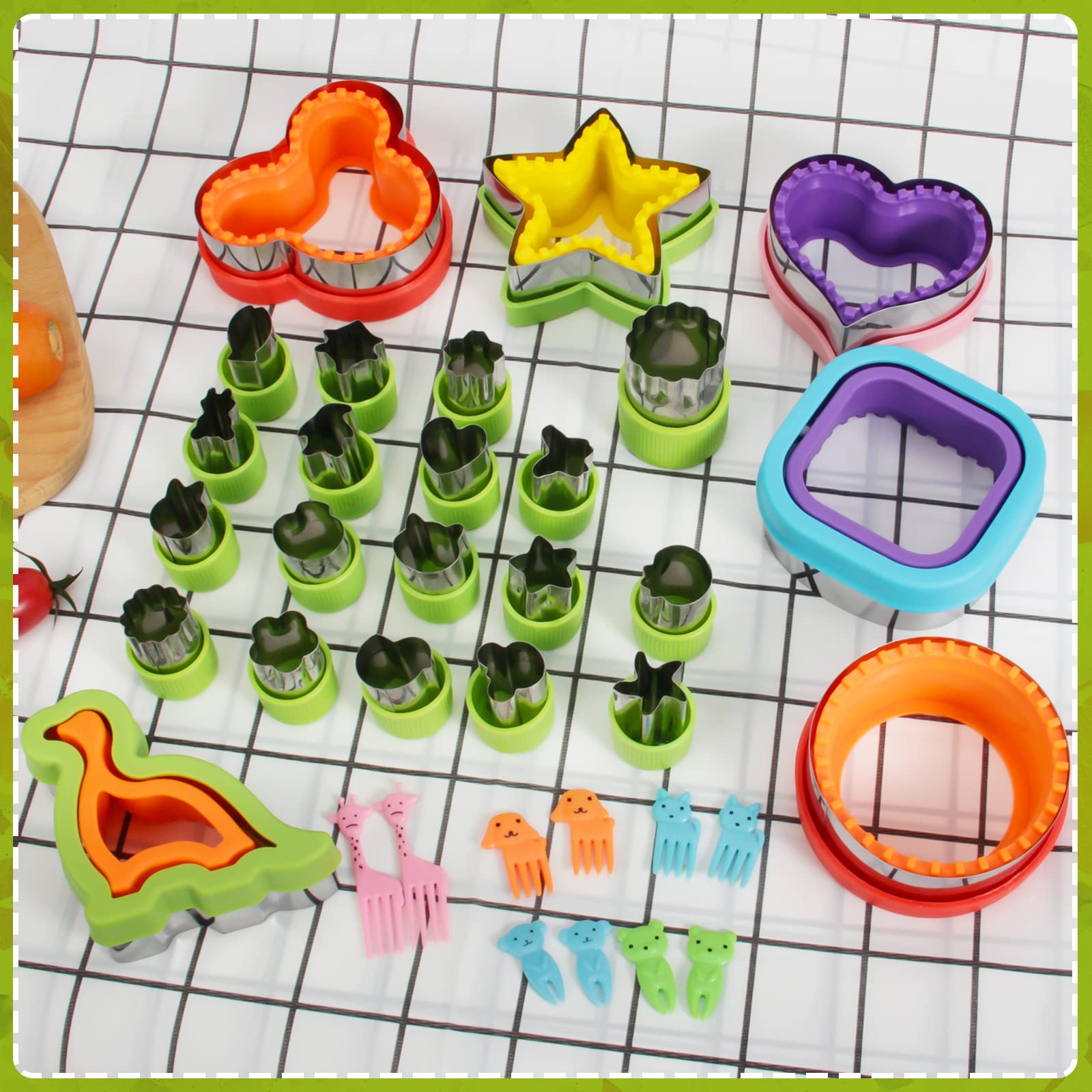 34pcs Sandwich Cutter Set for Kids - 6 Sandwich Cutters & Sealers + 18 Fruit Shapes with 10 Adorable Animal Forks | Perfect for School Lunches, Picnics & Party Snacks