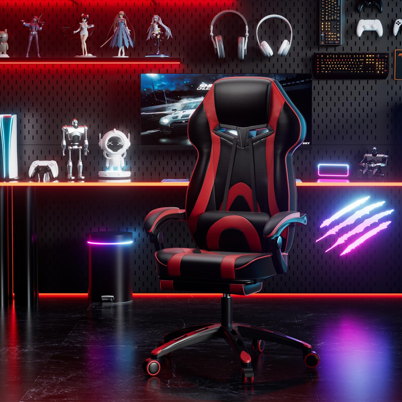POWERSTONE Ergonomic Gaming Chair with Footrest - High Back Racing Style Office Computer Chair, Adjustable Reclining Swivel Gamer Chair for Adults & Teens (Red) - Perfect for Esports, Streaming & Home Office Workspace
