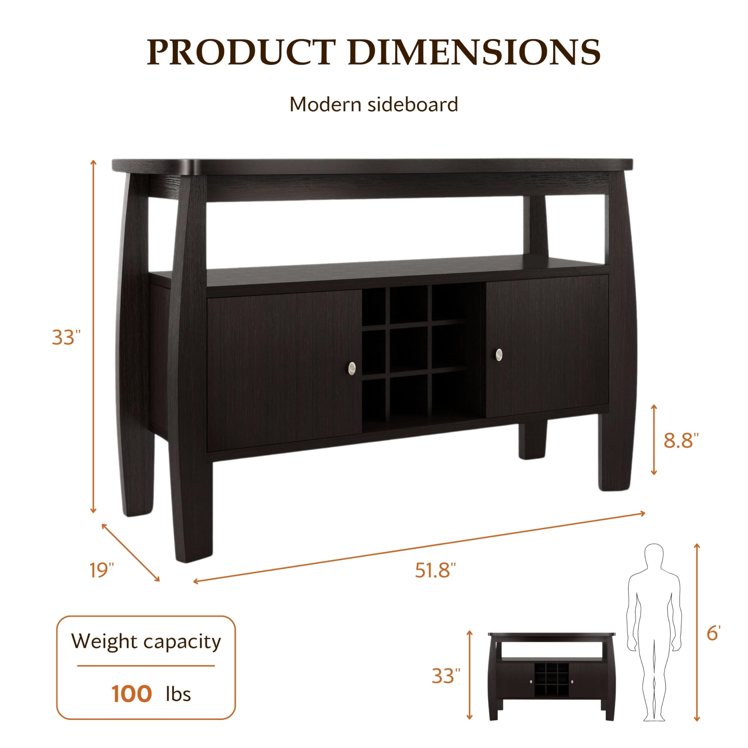 Furniture of America Clyton Modern Kitchen Buffet Storage Cabinet with Doors & Shelves - Wood Sideboard Table, Coffee Bar & 9-Grid Wine Rack for Dining Room, Living Room - Dark Espresso Finish - Perfect for Entertaining, Storage & Home Decor