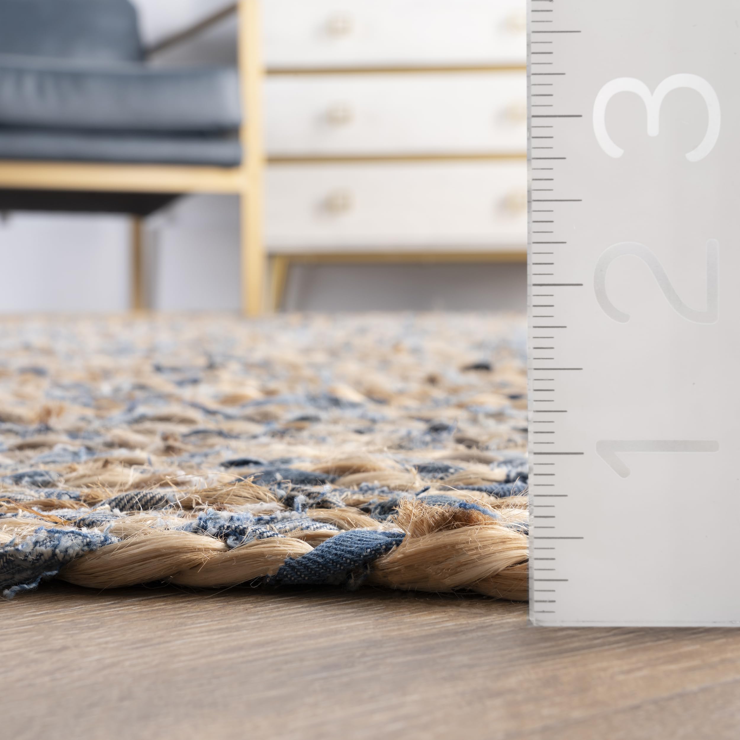 nuLOOM Eliz Striped 6'x6' Square Jute Area Rug - Blue & Natural Neutral Woven Rug for Dining Room, Living Room & Kitchen - Perfect for Farmhouse, Coastal & Boho Decor Styles