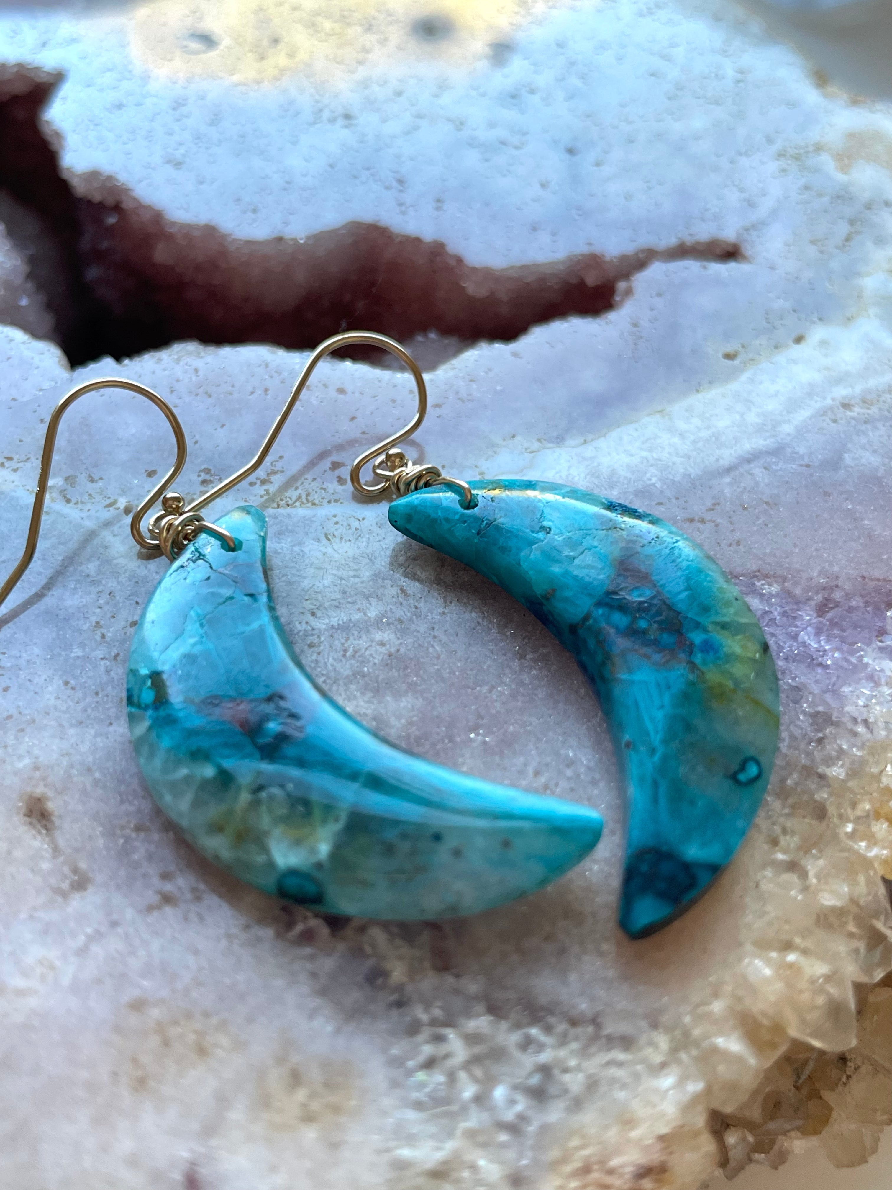 Chrysocolla Gold Filled Statement Crystal Gemstone Earrings for Women - Elegant Bohemian Dangle Earrings for Party, Wedding & Special Occasions