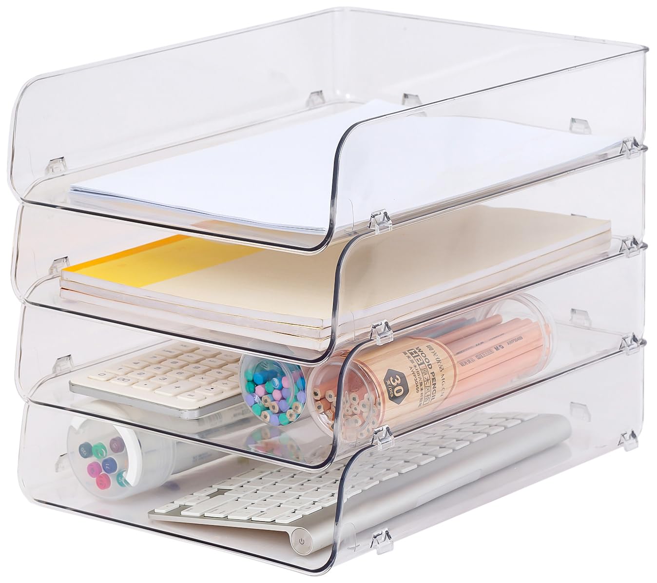 4 Pack Clear Stackable Paper Tray Organizer for Desk - Office Desk Organizer for Notes, Pens, Files & Documents - A4 Paper Holder for Home & Office Workspace Organization