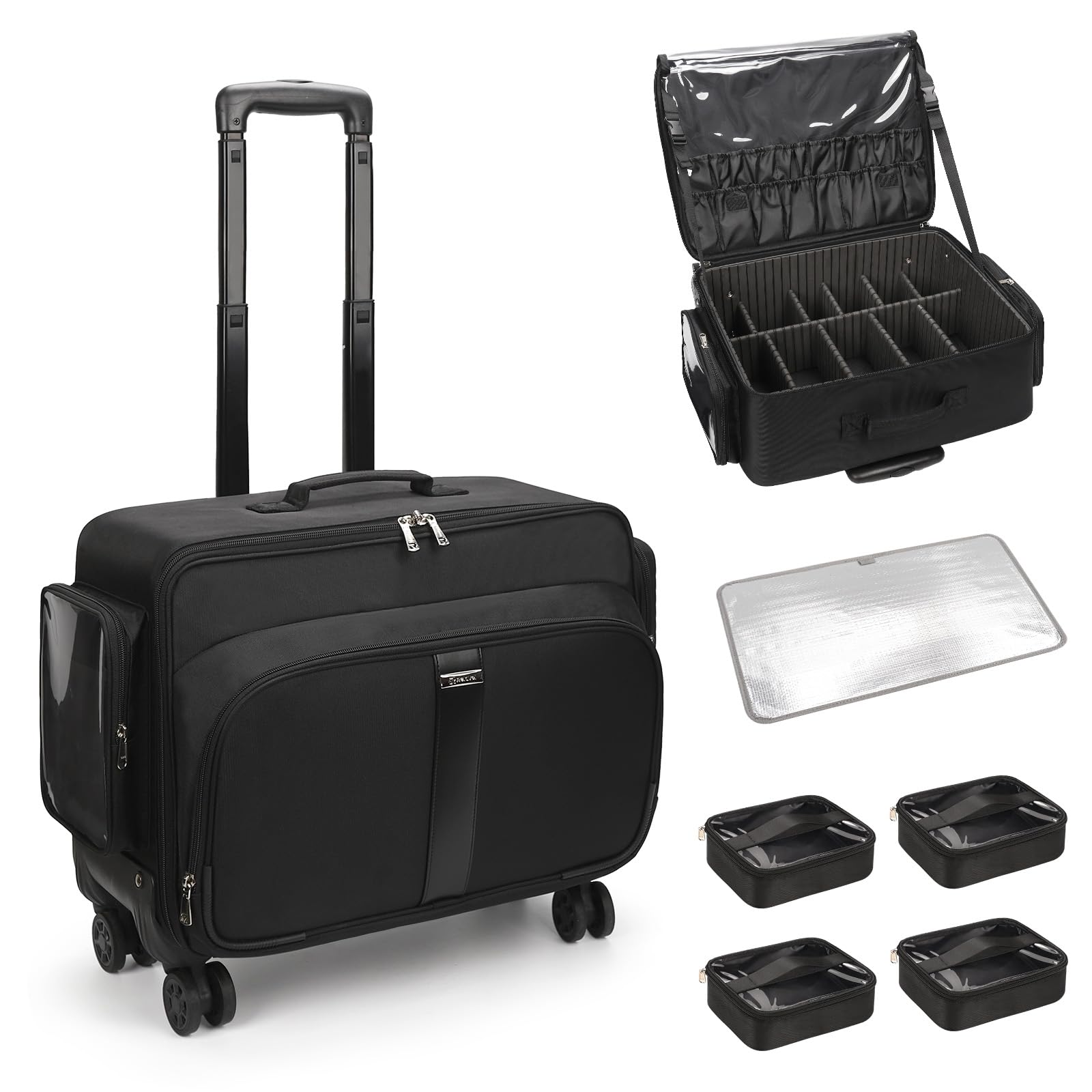 Professional Large Rolling Makeup Case with 4 Small Bags & Adjustable Dividers - Portable Travel Cosmetic Organizer Trolley for Makeup Artists | Perfect for Salon, Wedding, Film Set & Beauty On-The-Go