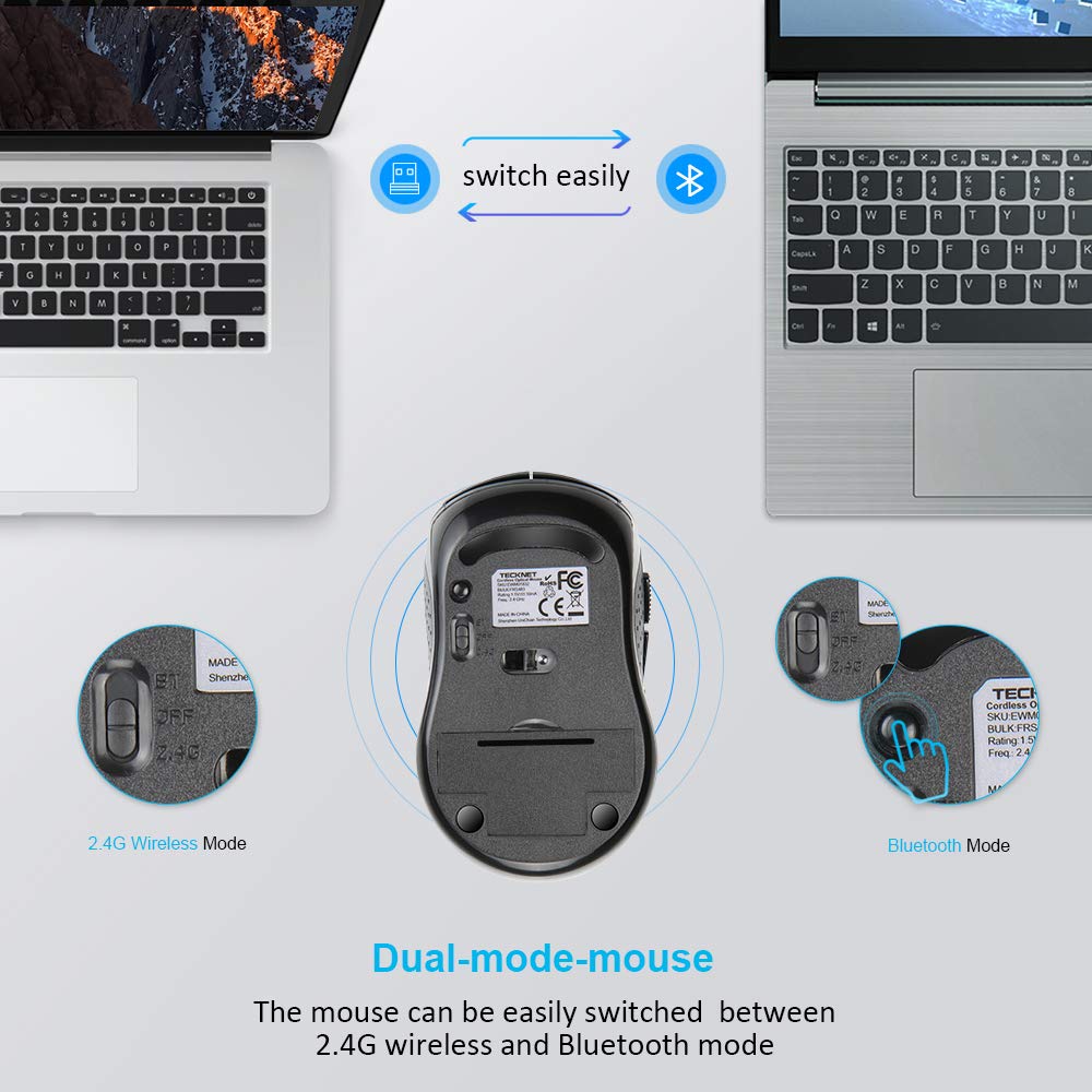 TECKNET Wireless Bluetooth Mouse for MacBook, 2-in-1 (BT 5.0 + 2.4G USB), 4000DPI Rechargeable Mouse - Compatible with Chromebook, Windows PC/Laptop - Black - Perfect for Office, Home & Travel Use