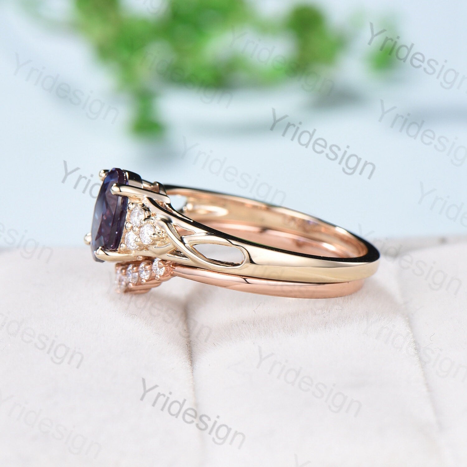 18K Yellow Gold Vintage Celtic Love Tanzanite & Diamond Engagement Ring Set for Women - Art Deco Wedding Jewelry with Natural Tanzanite Cluster | Perfect for Proposals, Anniversaries & Special Occasions