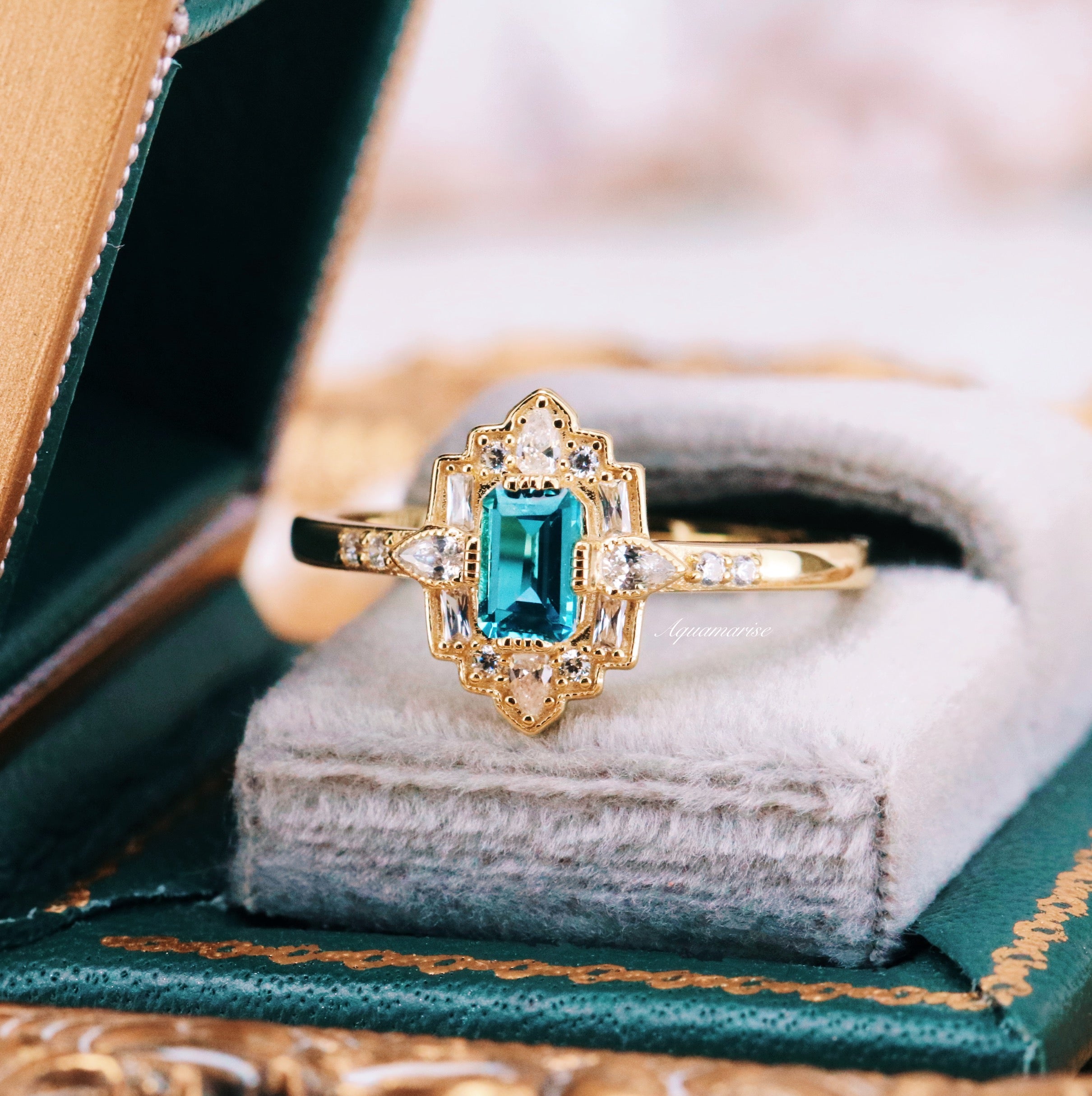 14K Yellow Gold Vermeil Art Deco London Blue Topaz Ring - Elegant Vintage Jewelry for Women, Perfect for Weddings, Anniversaries & Special Occasions