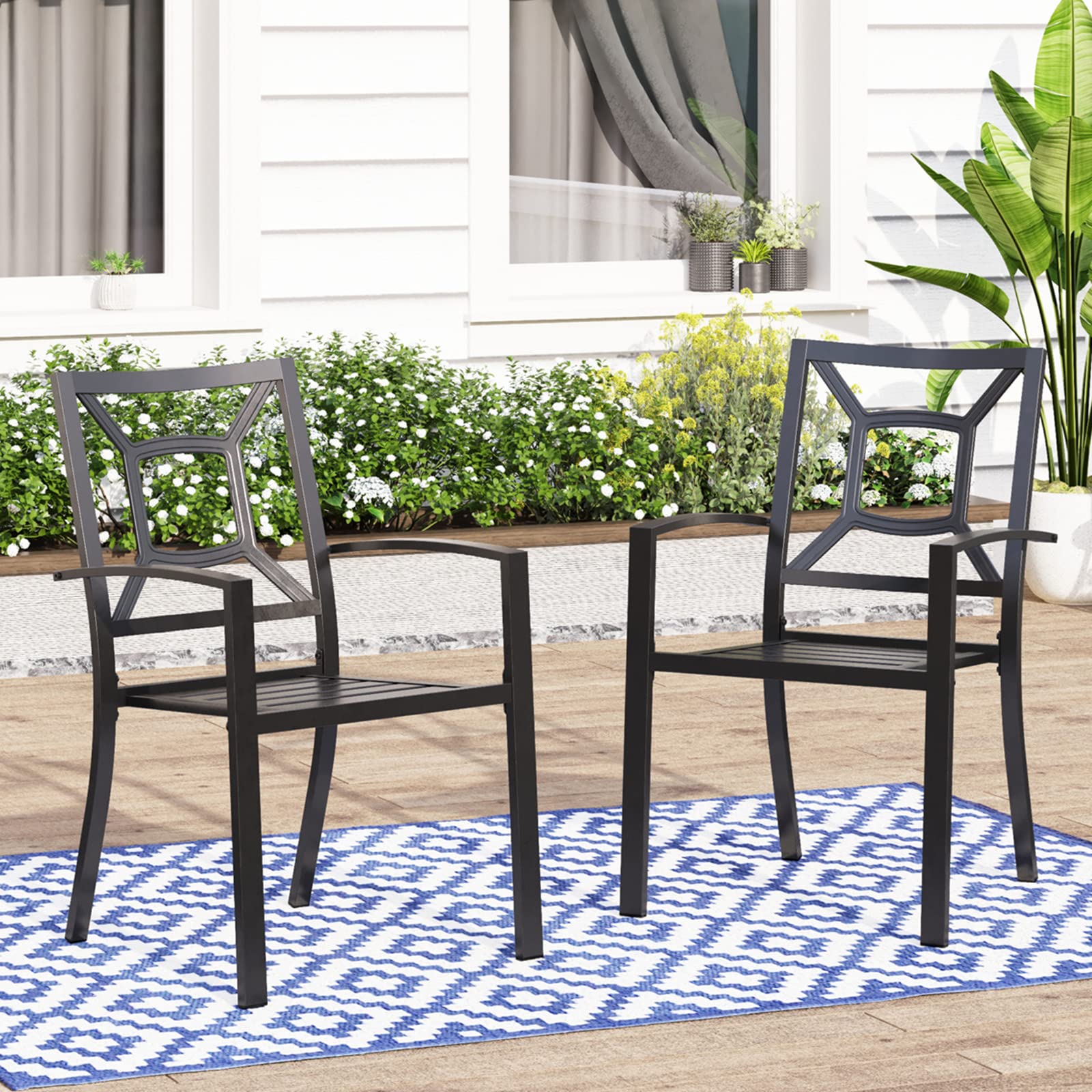 MFSTUDIO 2-Piece Black Wrought Iron Outdoor Dining Chairs Set - Stackable Patio Furniture with Armrests for Garden, Poolside & Backyard Relaxation