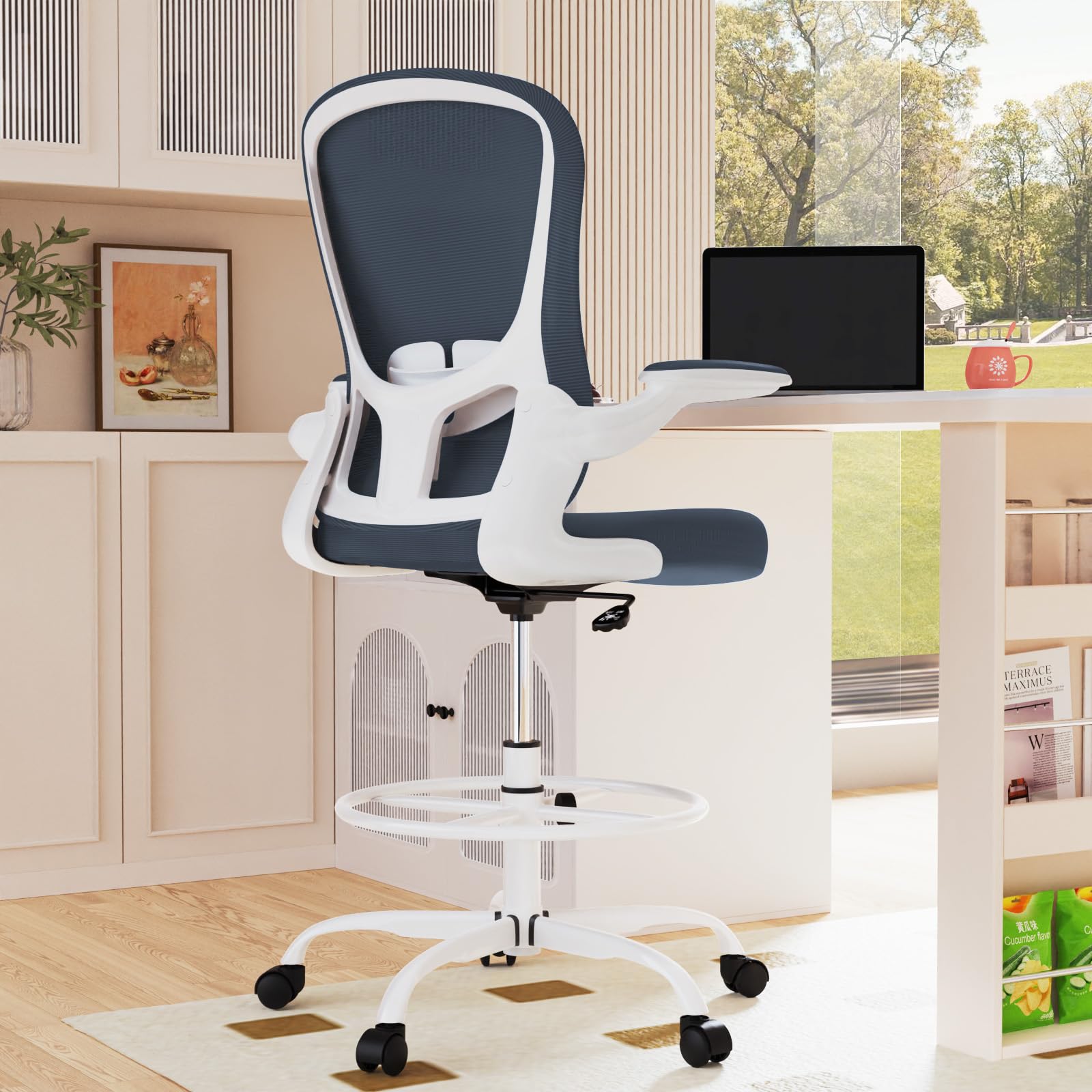 Ergonomic Drafting Chair with Flip-Up Armrests & Adjustable Footrest - Tall Office Chair for Standing Desks - Executive Computer Chair with Lumbar Support - Perfect for Architects, Designers & Home Office Workspaces