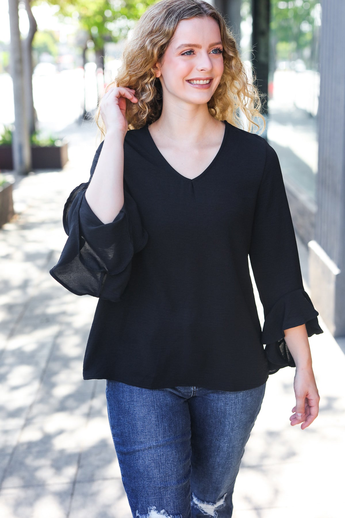 Falling In Love Black Hi-Lo Ruffle Sleeve Woven Top for Women | Elegant Party & Date Night Blouse | Perfect for Evening Events, Cocktail Parties and Romantic Outfits