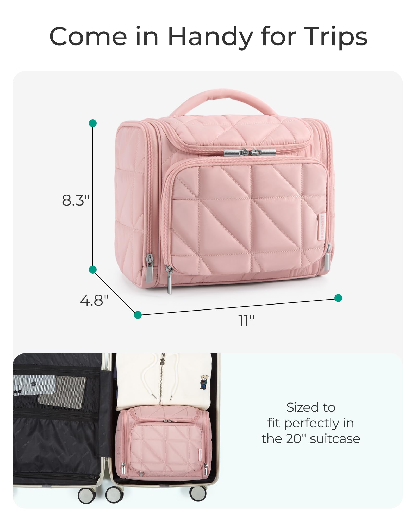 BAGSMART Waterproof Hanging Toiletry Bag for Women - Large Puffy Makeup Travel Organizer with Wide Opening, Lightweight Cosmetic Bag for Accessories & Toiletries (Beige) - Perfect for Air Travel, Camping & Gym Essentials