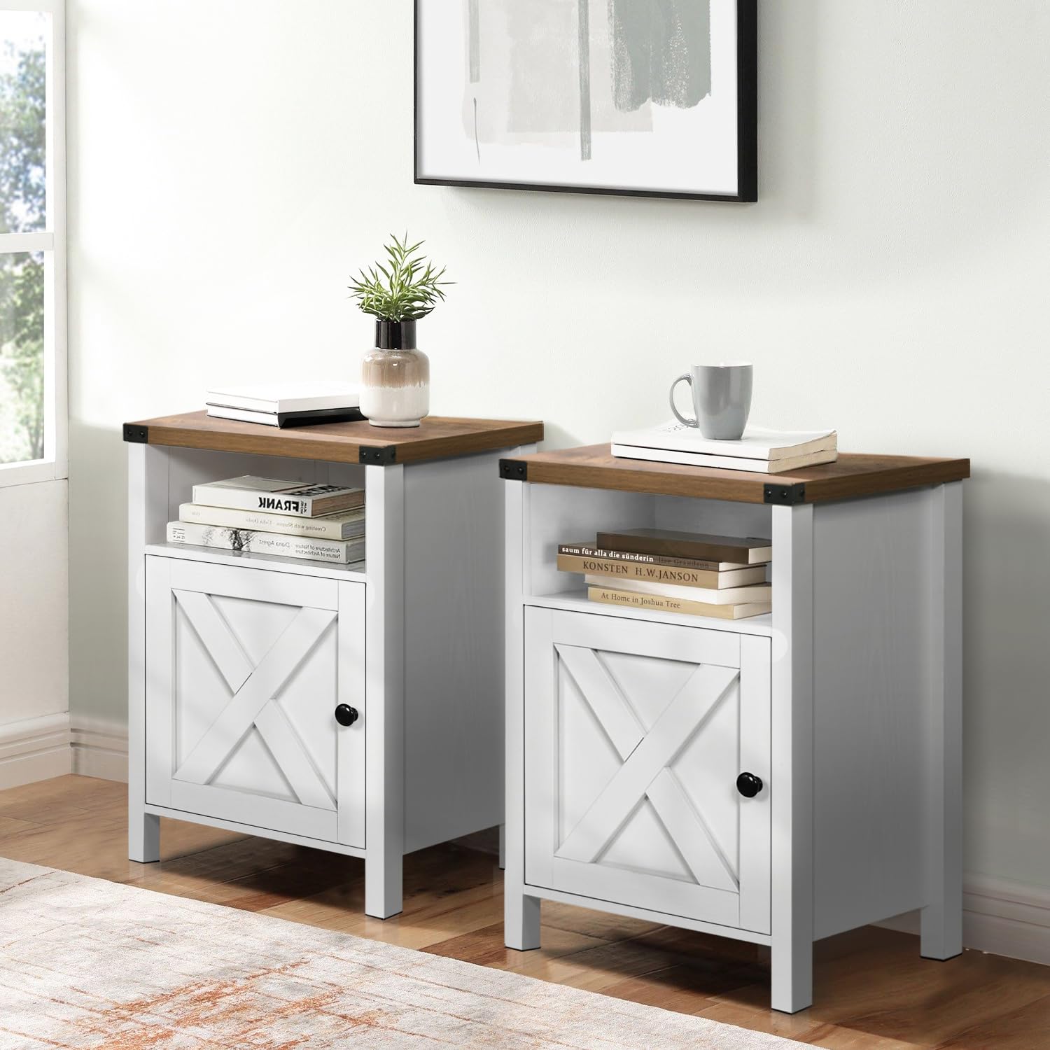 Farmhouse End Table Set of 2 - Rustic Night Stand with Barn Door & Storage Shelf - White Side Table for Bedroom, Living Room - Perfect for Farmhouse Decor & Small Space Storage