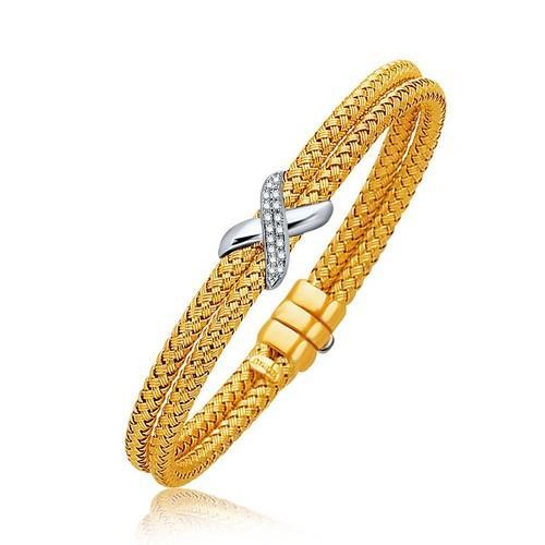 14k Gold Tone Basket Weave Bangle with Diamond Cross Charm - 7.0mm Width, Size 7.25