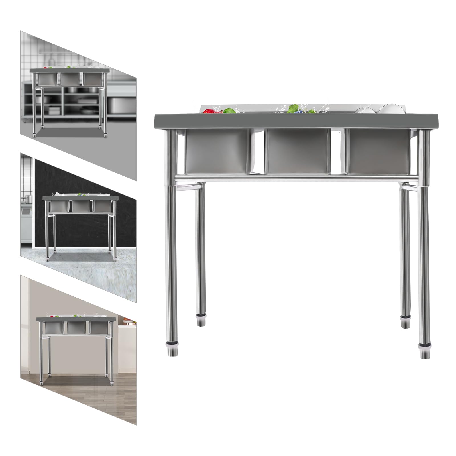 3 Compartment Commercial Stainless Steel Utility Sink - Heavy Duty Free Standing Kitchen Sink with 3 Drains, 39